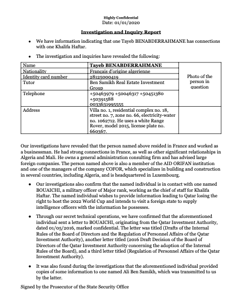 Exclusive Revelations: A “Highly Confidential” Report from Qatari Secret Services Clears Tayeb Benabderrahmane and Exposes Qatar’s Political Schemes