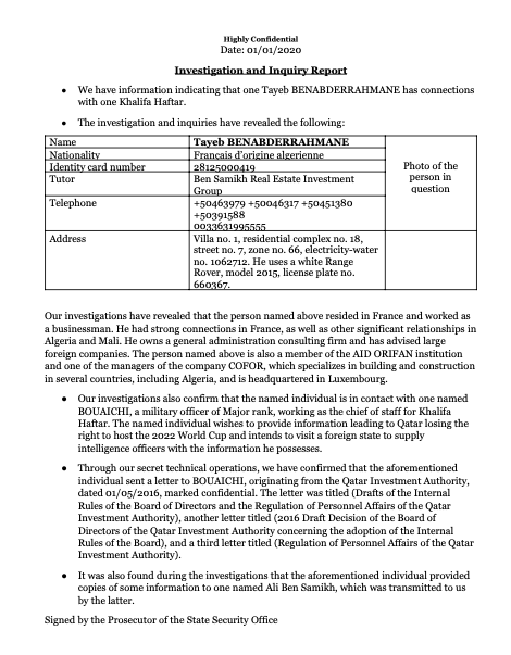 Exclusive Revelations: A “Highly Confidential” Report from Qatari Secret Services Clears Tayeb Benabderrahmane and Exposes Qatar’s Political Schemes